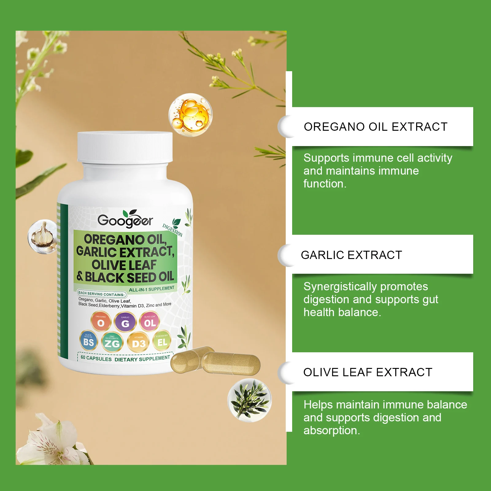 Googeer All-in-One Dietary Supplement with Oregano Oil, Garlic Extract for Immune & Digestion Support 11 all in one dietary supplement goo 87bqs94h desc 5