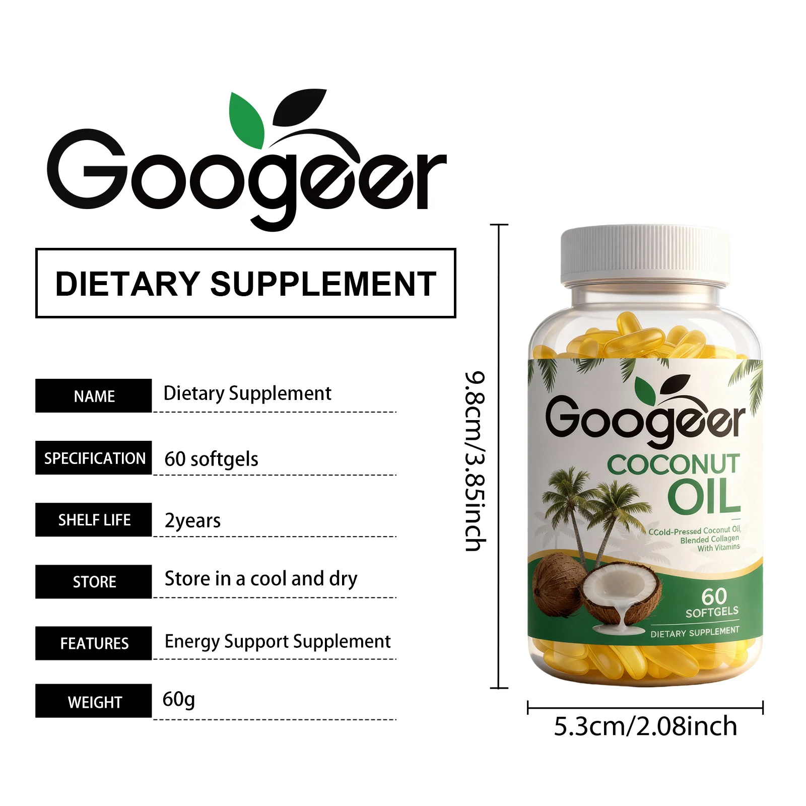 Googeer Coconut Oil Dietary Supplement Softgels with Collagen and Vitamin E for Energy & Vitality 7 coconut oil dietary softgels goo hfxbcysc desc 1