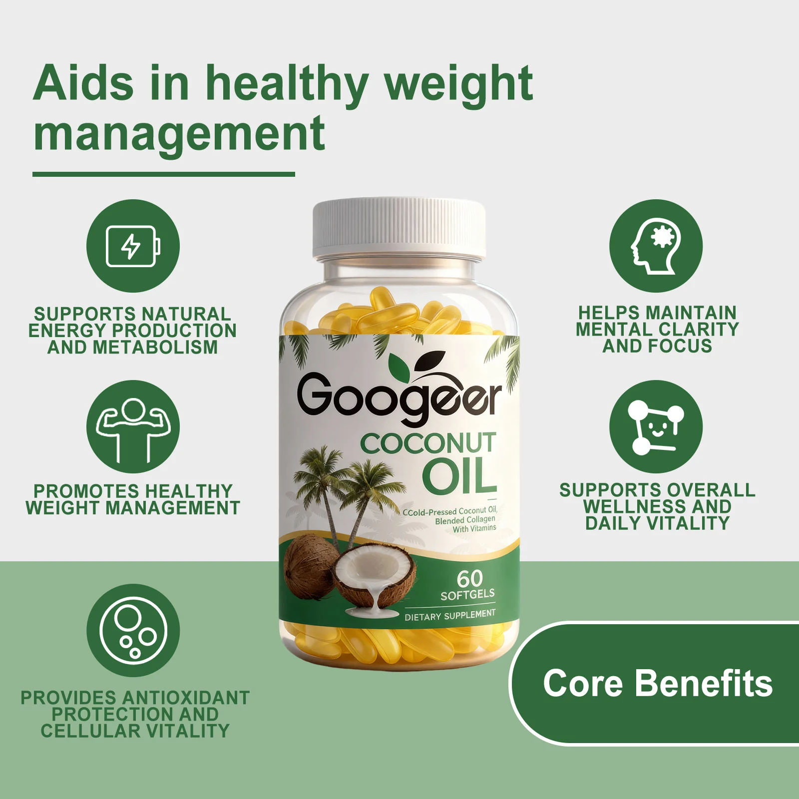 Googeer Coconut Oil Dietary Supplement Softgels with Collagen and Vitamin E for Energy & Vitality 17 coconut oil dietary softgels goo hfxbcysc desc 11