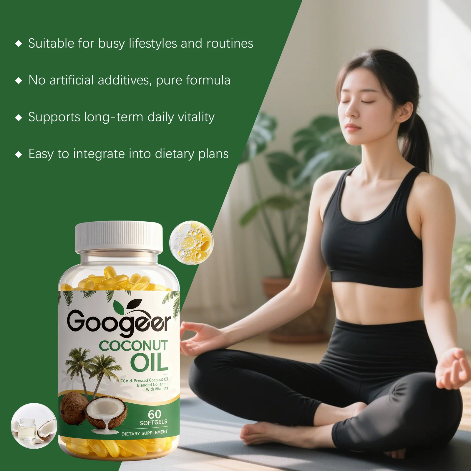 Googeer Coconut Oil Dietary Supplement Softgels with Collagen and Vitamin E for Energy & Vitality 11 coconut oil dietary softgels goo hfxbcysc desc 5