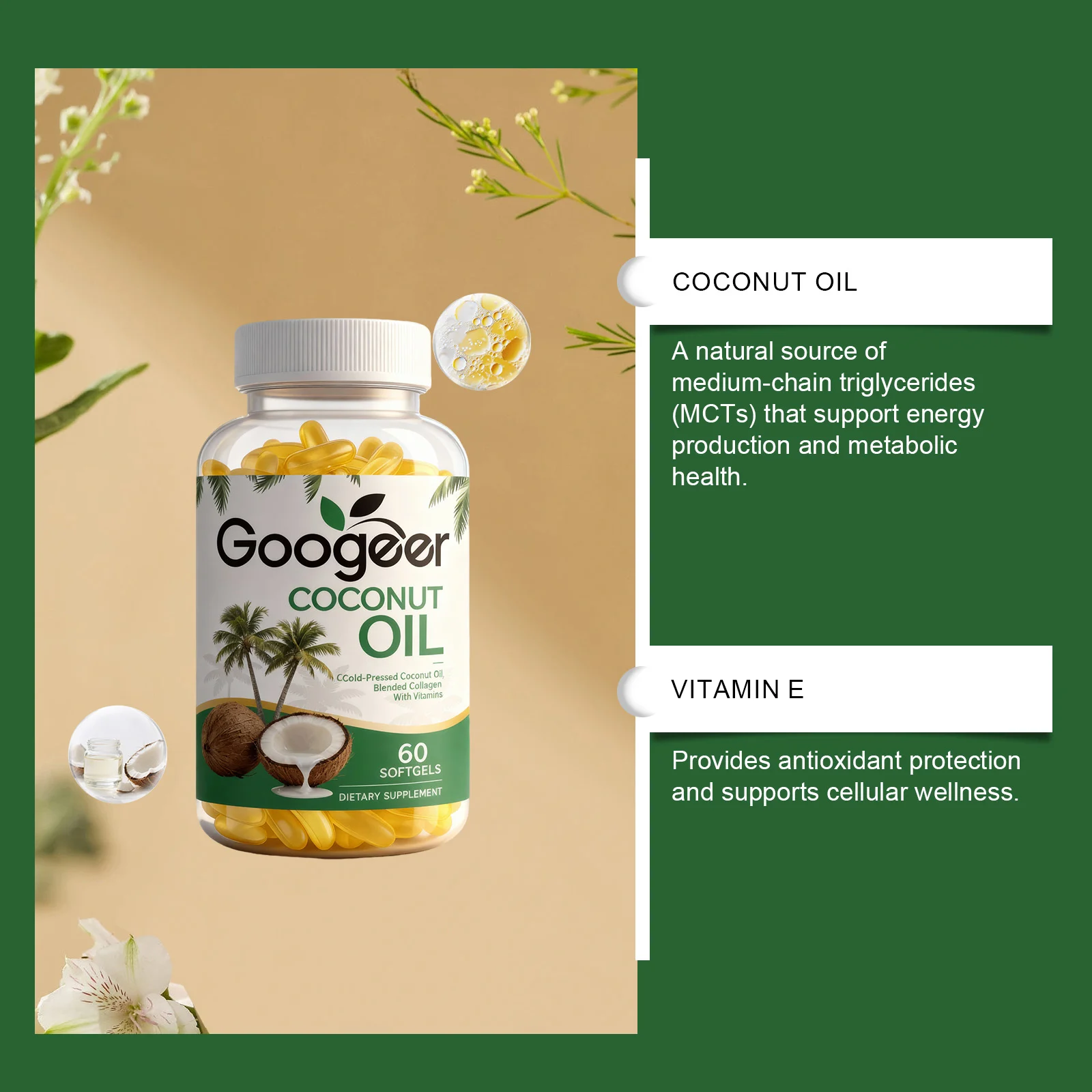 Googeer Coconut Oil Dietary Supplement Softgels with Collagen and Vitamin E for Energy & Vitality 14 coconut oil dietary softgels goo hfxbcysc desc 8