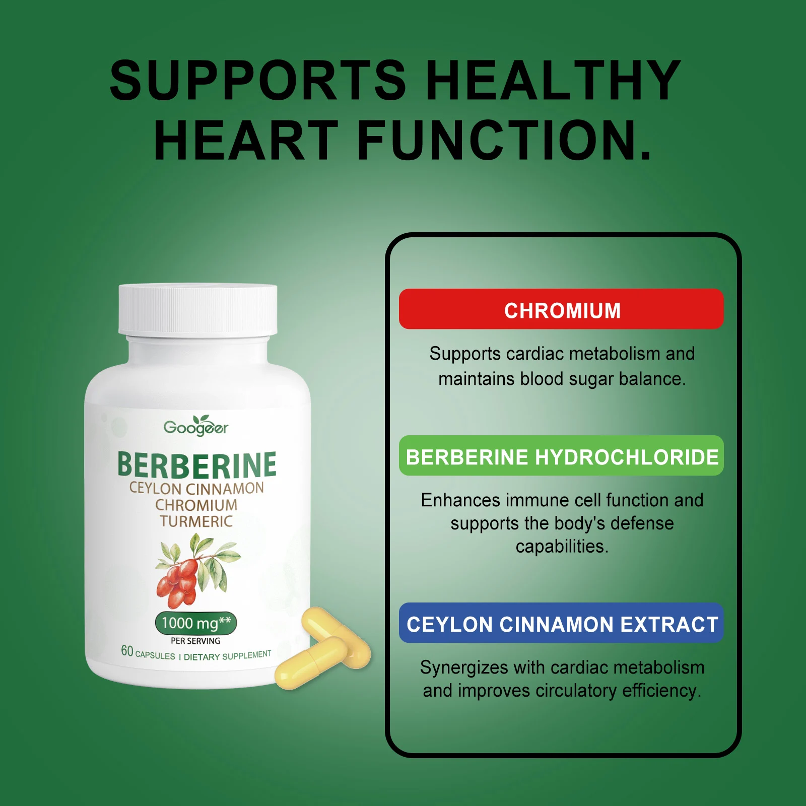 Googeer Dietary Supplement Capsules with Berberine, Chromium for Heart Health & Blood Sugar Support 16 dietary supplement capsules goo th6tz92r desc 9