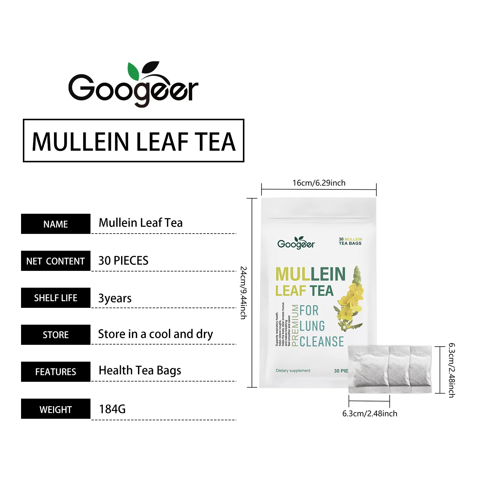 Mullein Leaf Tea Bags for Respiratory Support, Lung Cleanse & Sore Throat Relief - 30 Count 7 mullein leaf tea bags respiratory support lung cleanse goo 79vrym4t desc 1