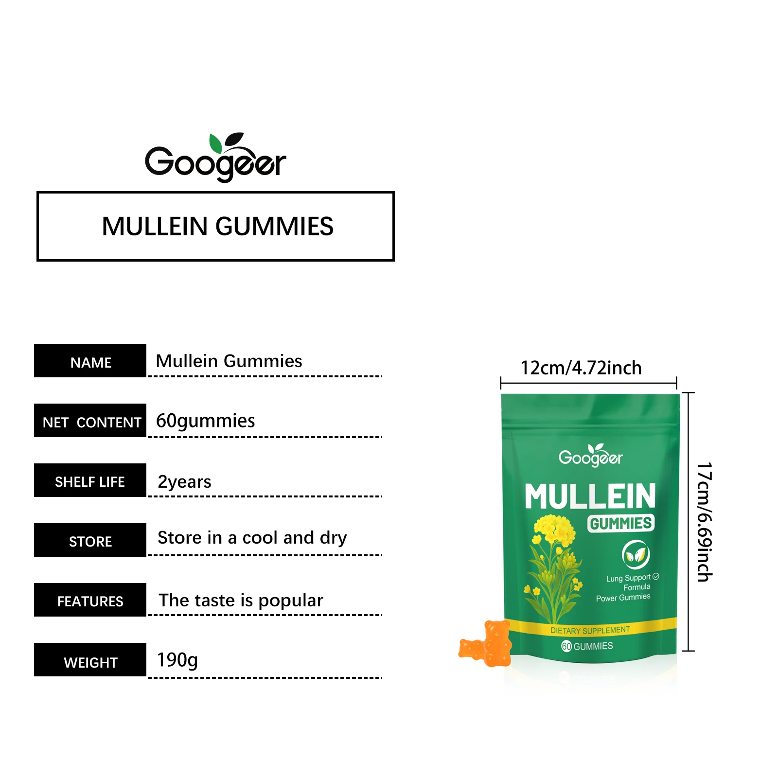 Googeer Mullein Lung Support Gummies for Respiratory Health - Dietary Supplement 8 mullein lung health gummies goo vzrguury desc 1