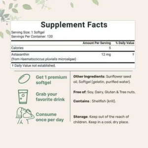Astaxanthin Softgels 120 count, a high-potency antioxidant supplement derived from Haematococcus pluvialis microalgae.