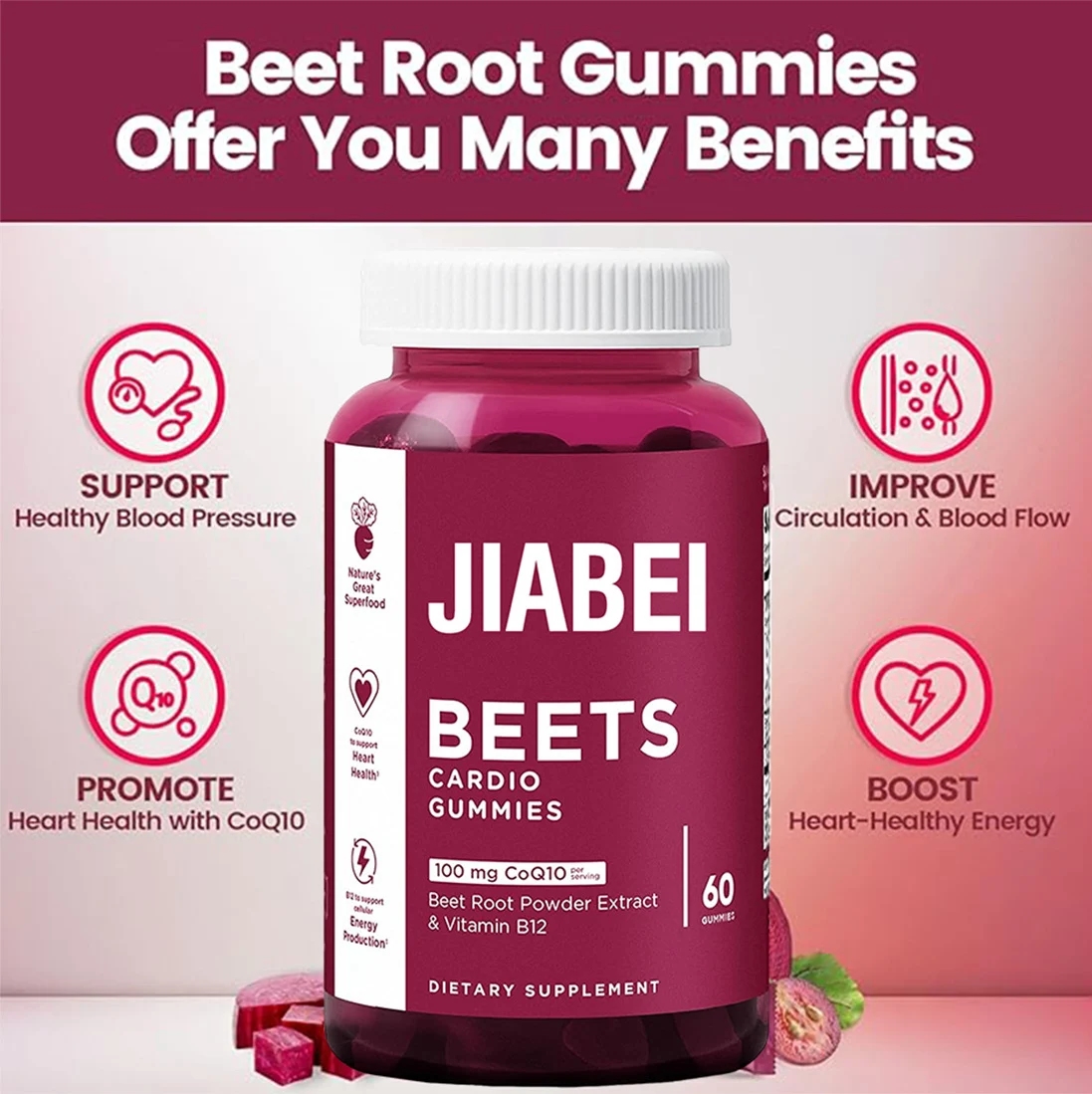 Beet Root CoQ10 Gummies 100mg Gluten Free Vegan Non-GMO Dietary Supplement 10 beet root coq10 gummies gluten free vegan goo em2ha8mp desc 6