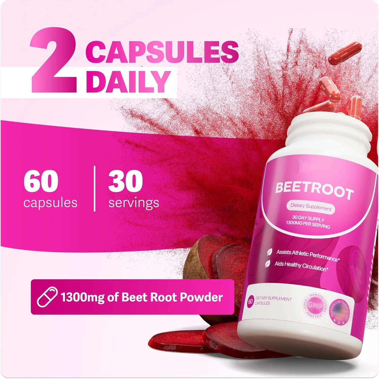 Beetroot Capsules 1300mg Natural Nitrate Supplement for Athletic Performance & Circulation