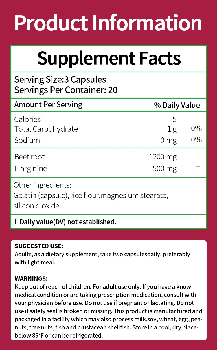 Beetroot Capsules with L-Arginine for Heart Health and Nitric Oxide Boost - 1200mg Beet Root Powder - 60 Count 9 beetroot capsules nitric oxide supplement goo kuhjv224 desc 6