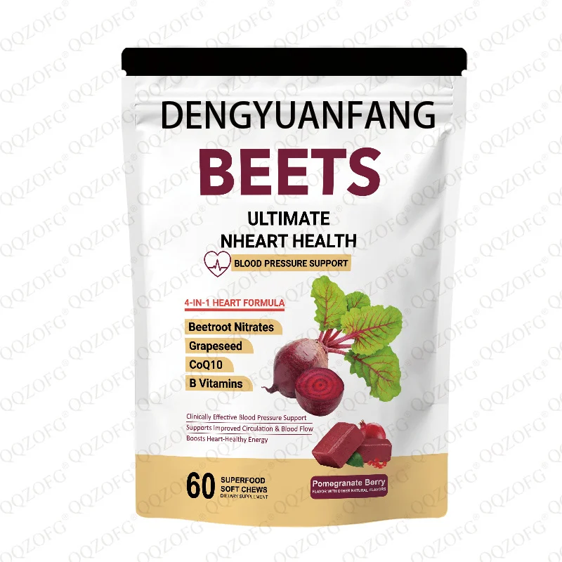 Beetroot Gummies for Heart Health and Blood Pressure Support - 4-in-1 Formula with CoQ10, Grapeseed & B Vitamins, Pomegranate Berry Flavor, 60 Soft Chews