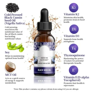 Black Seed Oil Drops with Vitamin D3 + K2 for Immune and Bone Support - 60ml