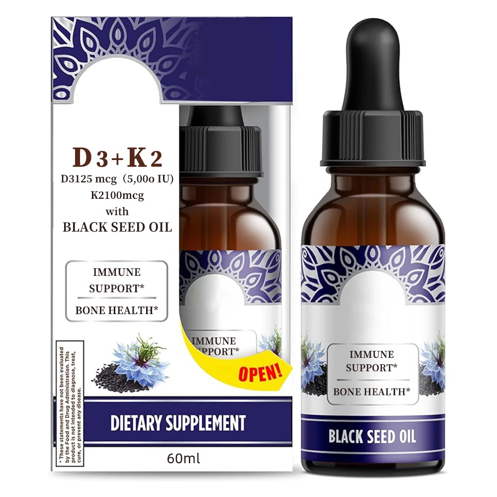 Black Seed Oil Drops with Vitamin D3 + K2 for Immune and Bone Support - 60ml 4 Black Seed Oil D3 K2 Drops Goo Zzcbyrw5 4