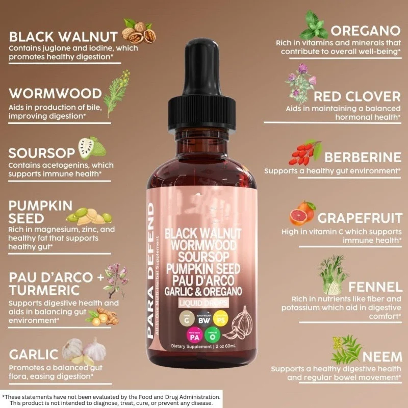 Black Walnut Liquid Drops for Parasite Detox and Digestive Support - 60ml Multi-Herbal Supplement with Wormwood & Soursop