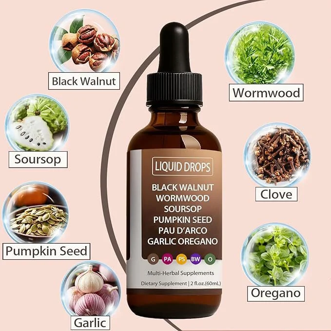 Black Walnut Wormwood Drops - Gentle Gut Cleanse & Digestive Health Support - Multi-Herbal Liquid Supplement with Soursop & Pumpkin Seed (60ml) 6 black walnut wormwood gut cleanse drops goo jcsz45v5 desc 1