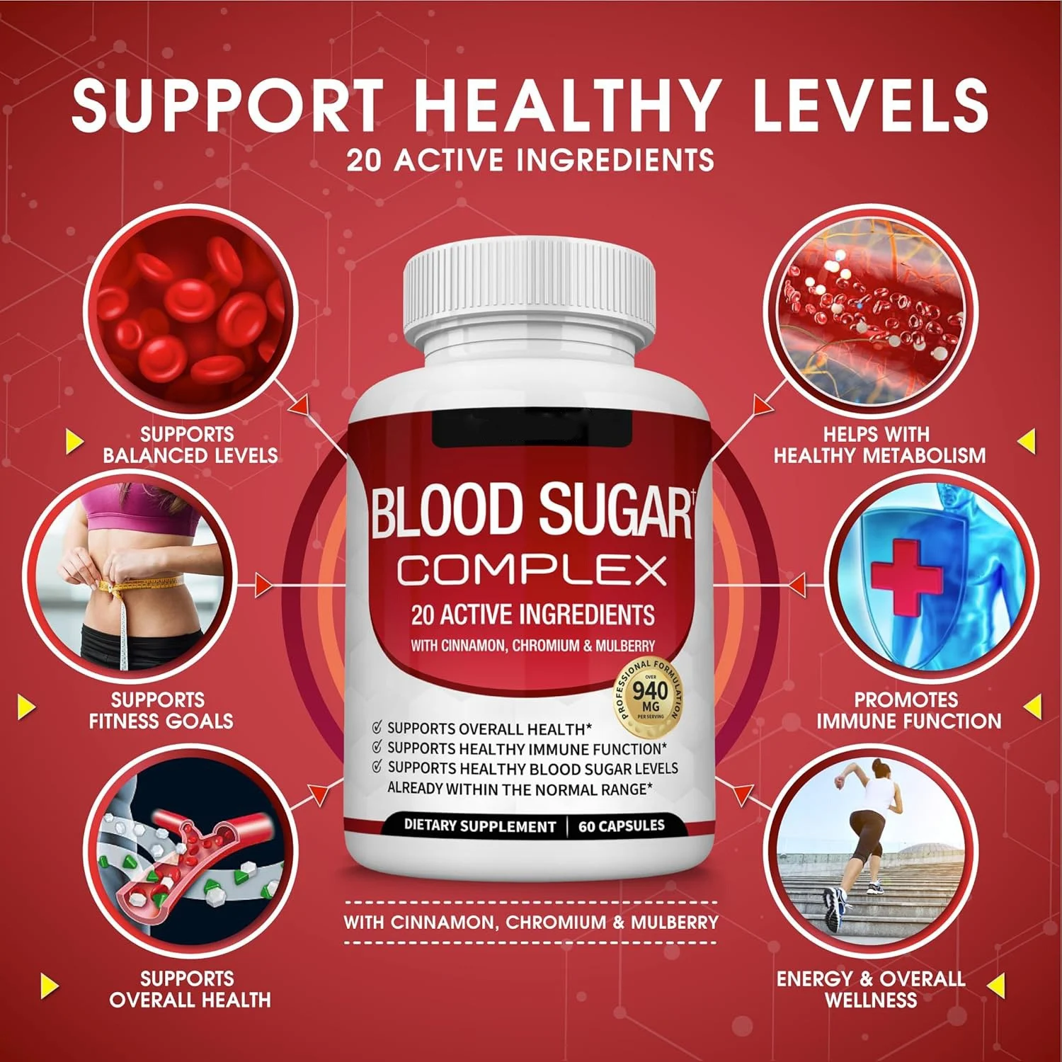 Blood Sugar Support Supplement Complex with Cinnamon & Chromium - 20 Active Ingredients for Glucose Metabolism and Immune Health - 60 Capsules