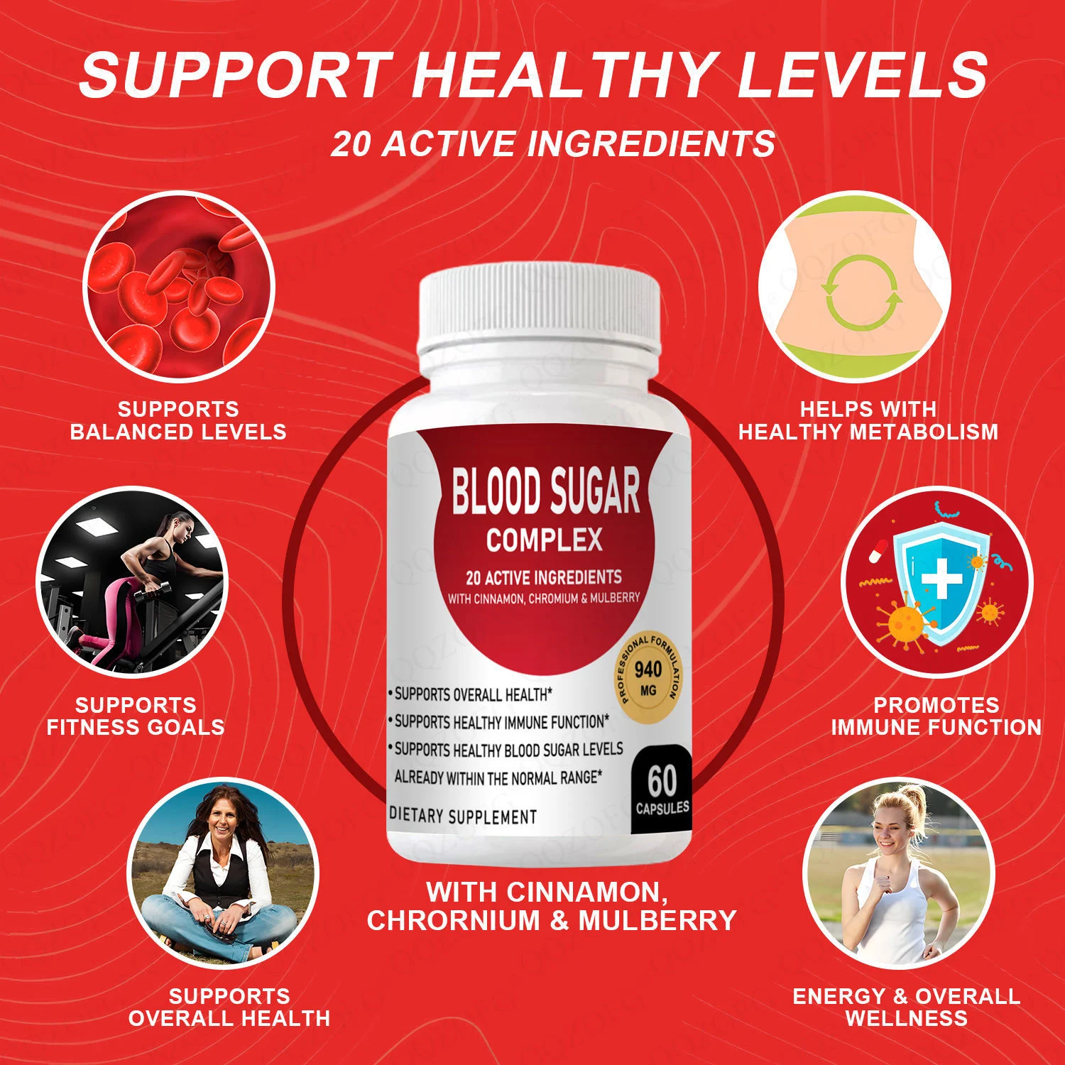 Blood Sugar Support Supplement - 20 Active Ingredients for Healthy Metabolism & Immune Function - 60 Capsules 940mg