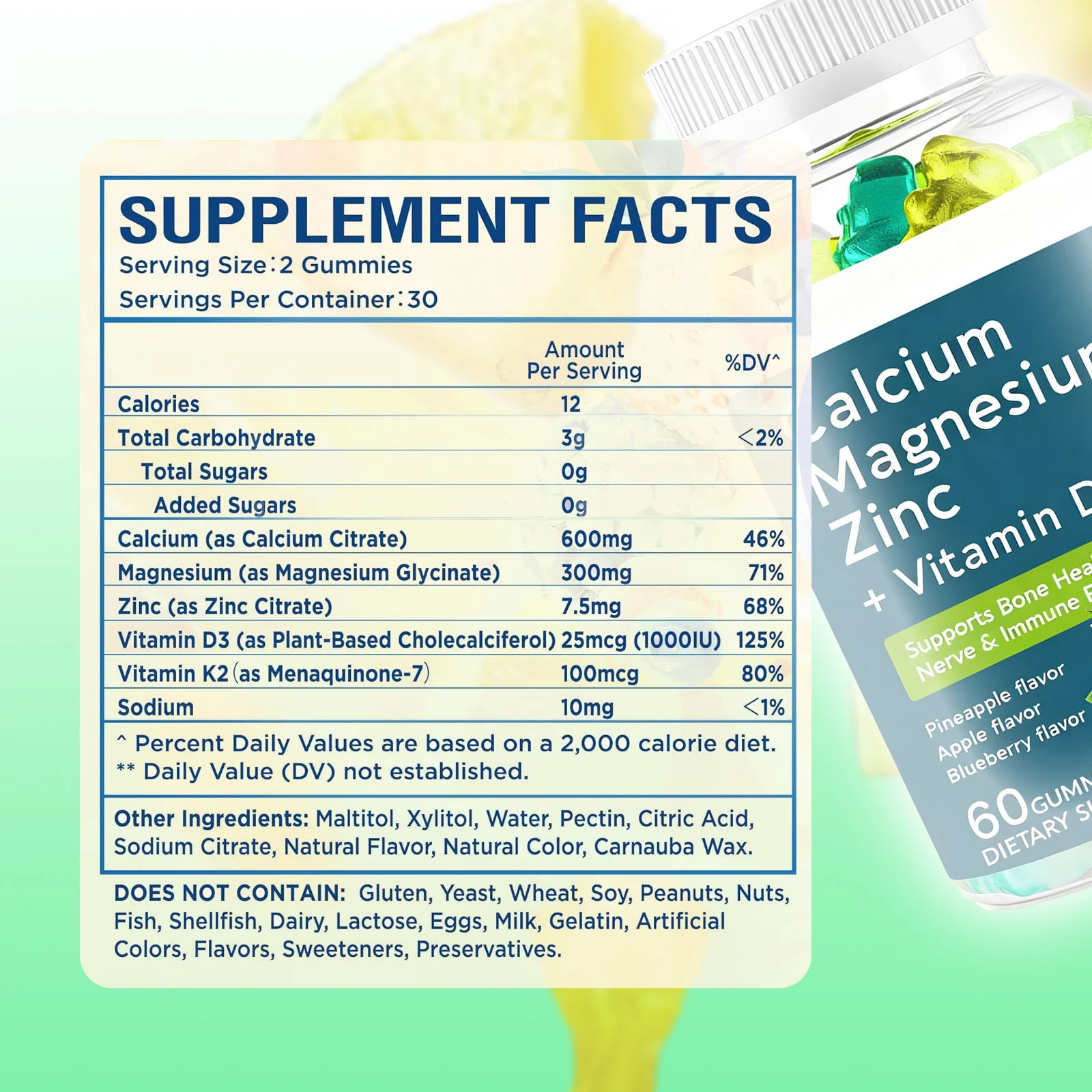 Sugar-Free Calcium Magnesium Zinc Gummies with Vitamin D3 & K2 for Bone & Immune Support