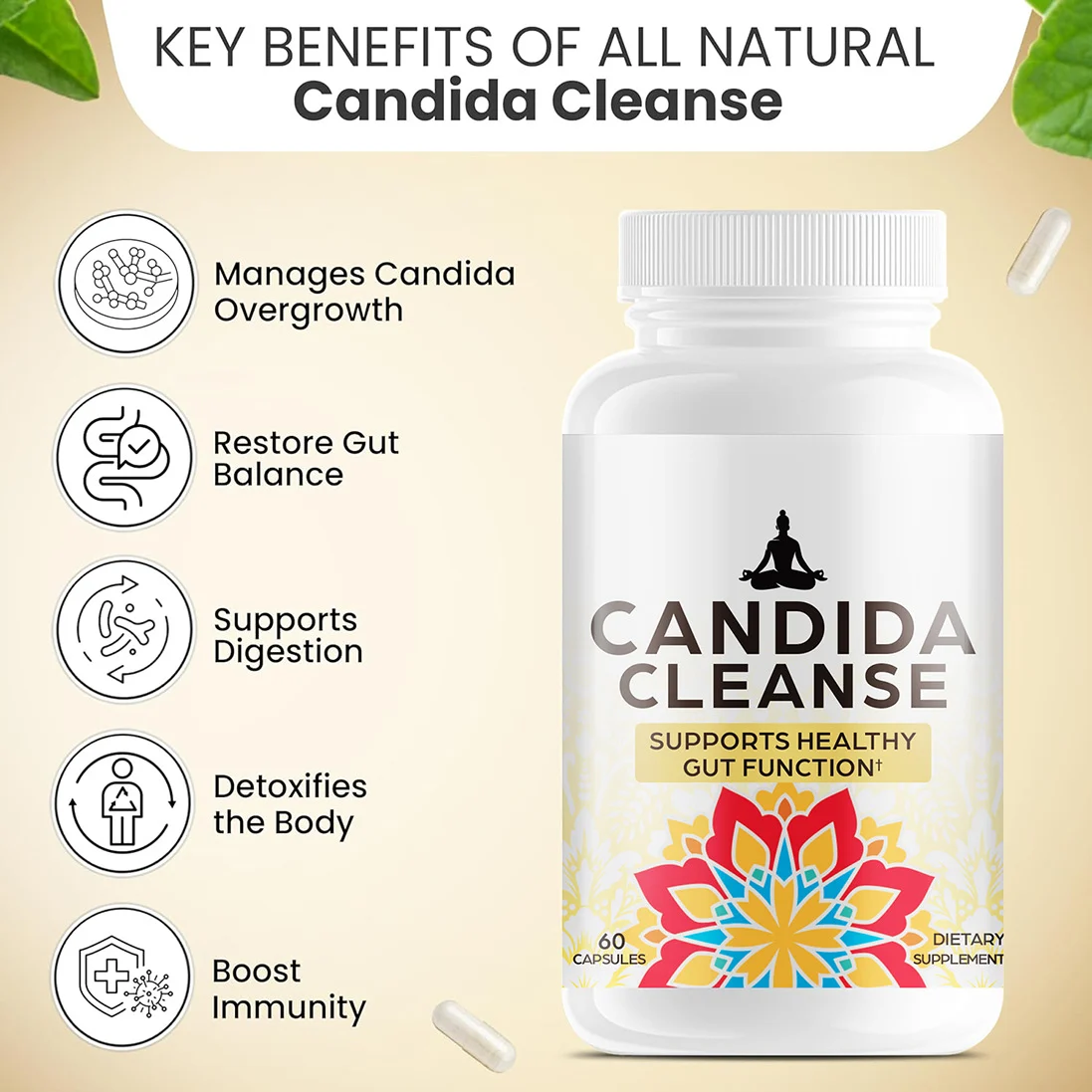 Candida Cleanse Capsules for Gut Health and Yeast Balance - 60 Count 4 candida cleanse capsules gut detox supplement goo pqdr4f4u desc 1