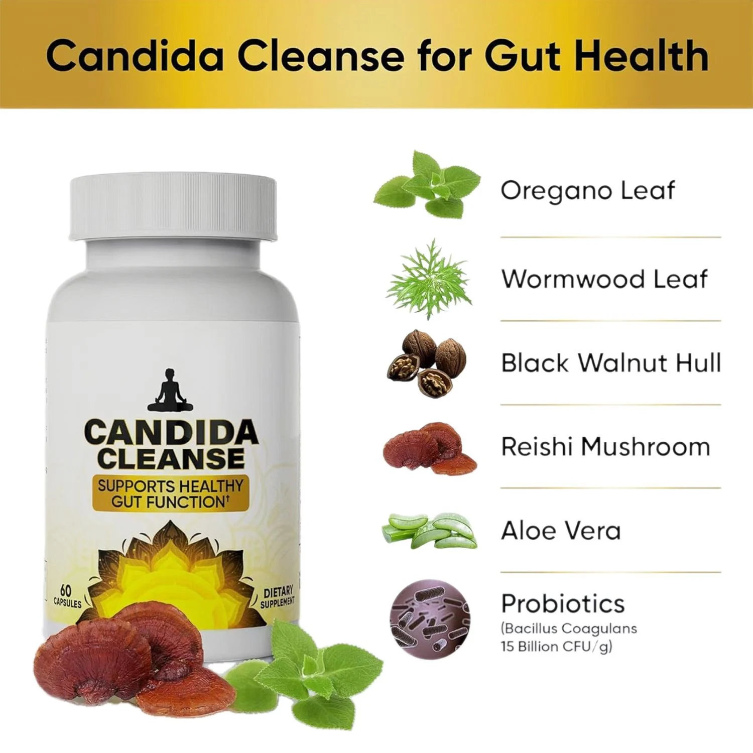 Candida Cleanse Capsules for Gut Health and Digestive Support - 60 Dietary Capsules with Probiotics