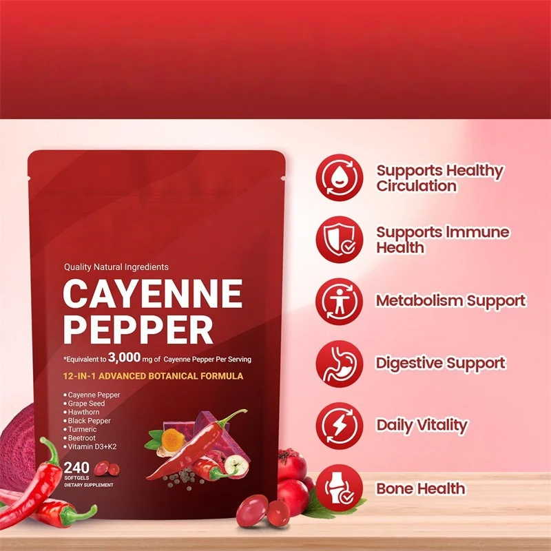 Cayenne Pepper Capsules with Vitamin D3+K2 for Metabolism and Heart Health - 240 Softgels