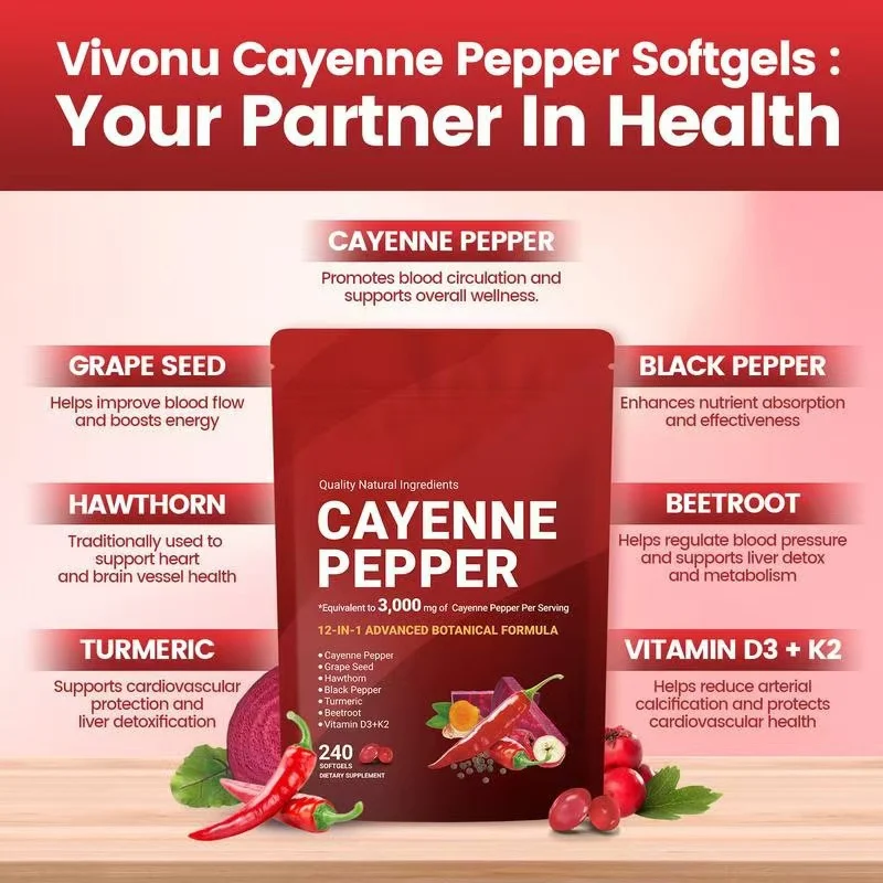 Cayenne Pepper Softgels with Vitamin D3 + K2 - 12-in-1 Cardiovascular Support & Metabolism Formula - 240 Softgels