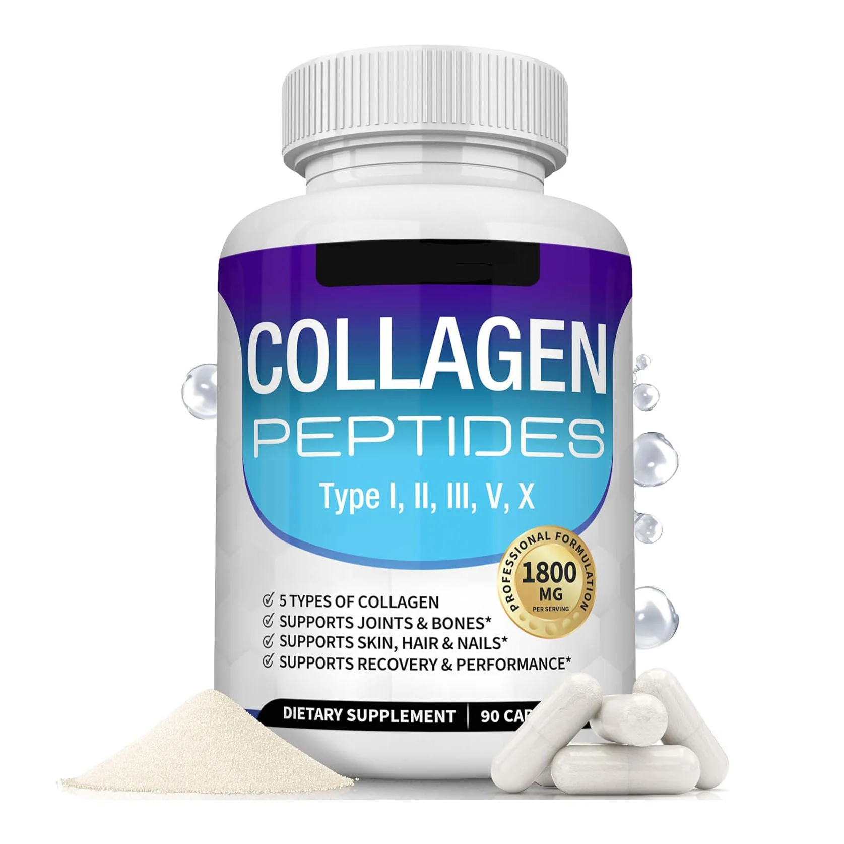 Collagen Capsules 1800mg Multi Collagen Peptides Type I, II, III, V, X for Skin, Hair, Nails & Joint Support - 90 Count 8 collagen capsules 1800mg multi peptide 90 count goo tmz9rtgb desc 1