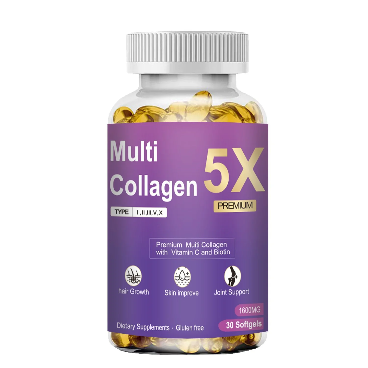 Premium 5X Multi-Collagen Softgels with Vitamin C and Biotin for Hair, Skin, and Joint Support (30 Count)