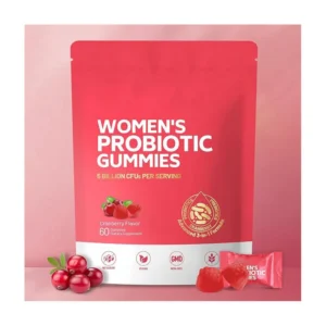 Sugar-free vegan cranberry probiotic gummies for women's health, supporting vaginal flora with 5 billion CFUs per serving.