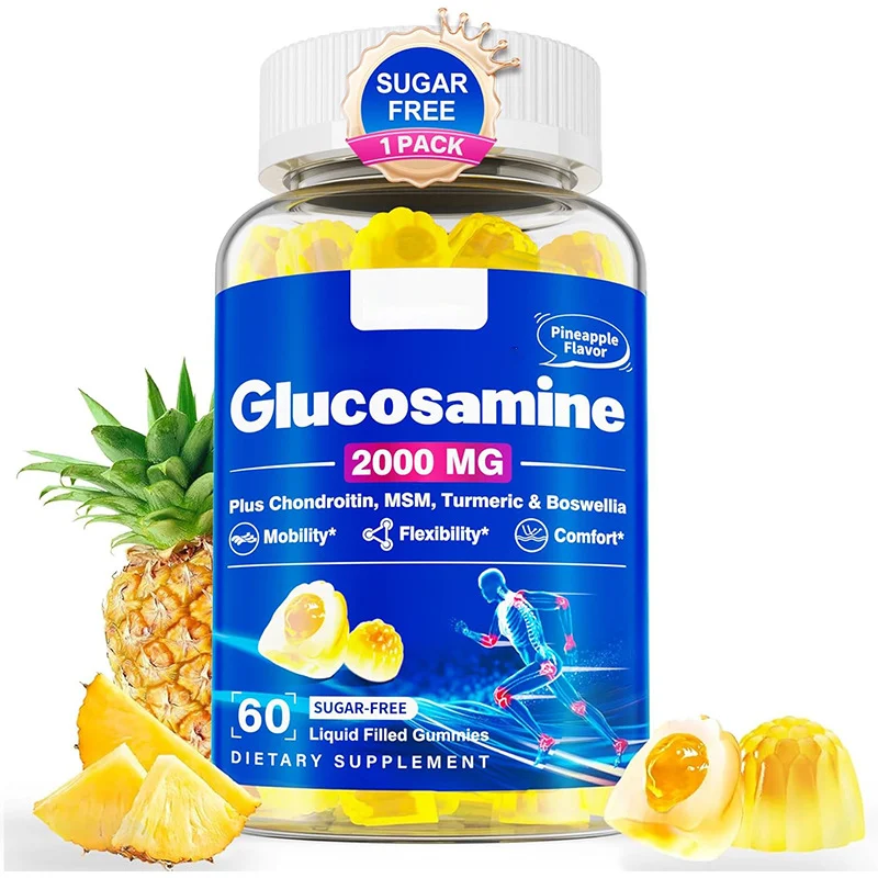 Glucosamine Chondroitin Gummies for Joint Support - Sugar-Free Liquid Filled Supplement with MSM, Turmeric & Hyaluronic Acid - Pineapple Flavor, 60 Count