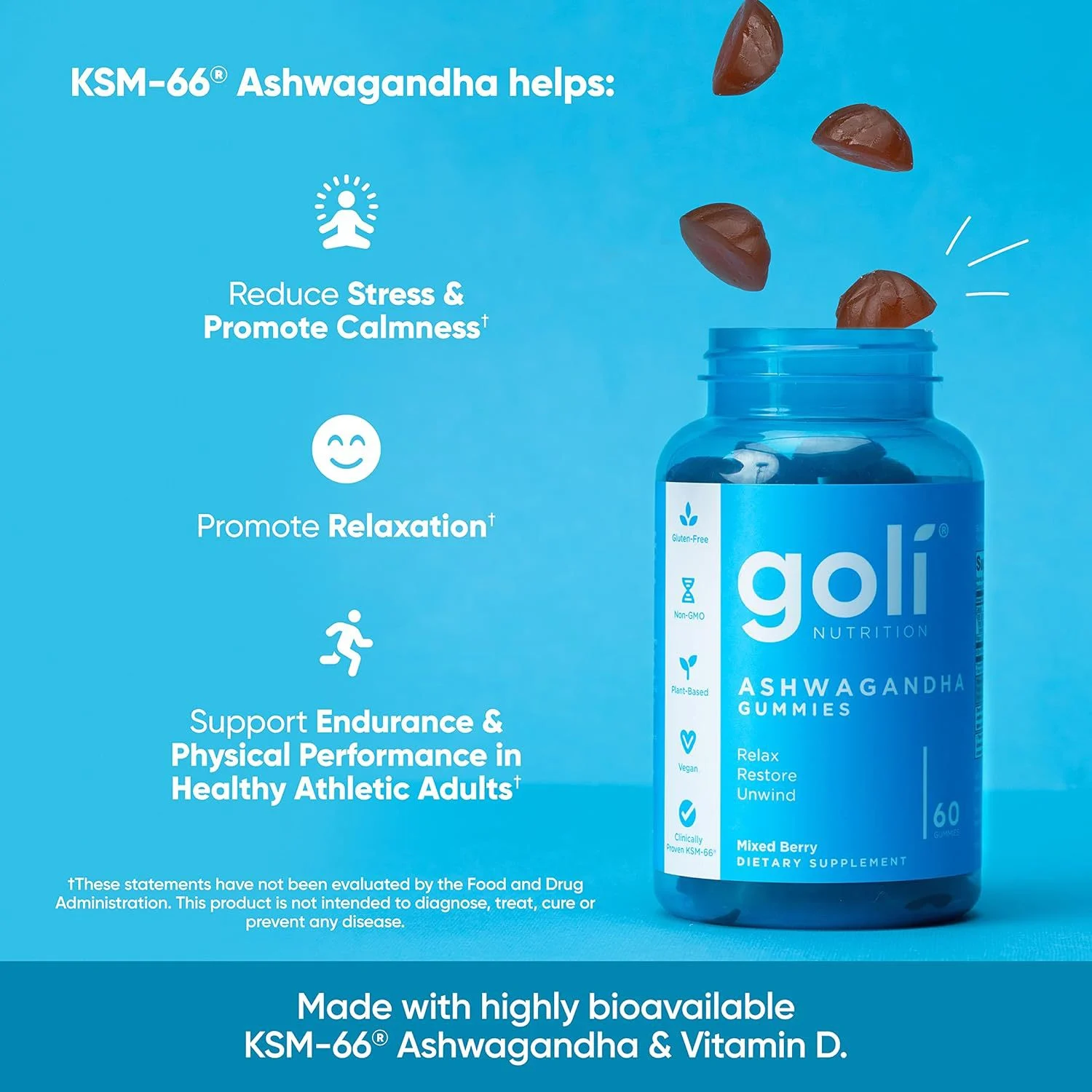 Ashwagandha Gummies with Vitamin D KSM-66 for Stress Relief and Relaxation 60 Count 18 goli ashwagandha vitamin d ksm66 gummies goo s7c3cfh6 desc 13