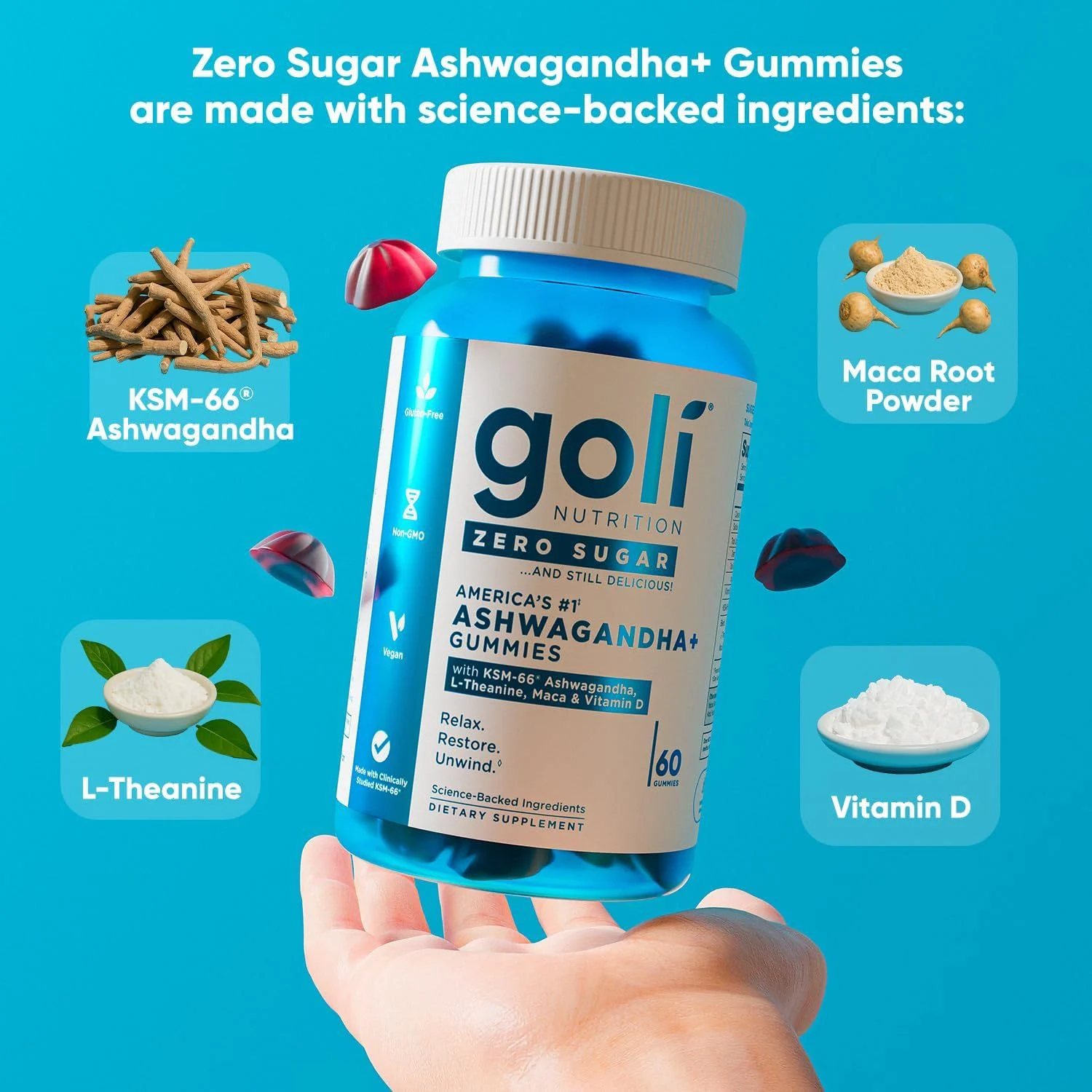 Ashwagandha Gummies with Vitamin D KSM-66 for Stress Relief and Relaxation 60 Count 35 goli ashwagandha vitamin d ksm66 gummies goo s7c3cfh6 desc 30
