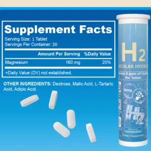 H2 Molecular Hydrogen Effervescent Tablets - 8ppm High Concentration with Magnesium - 30 Count