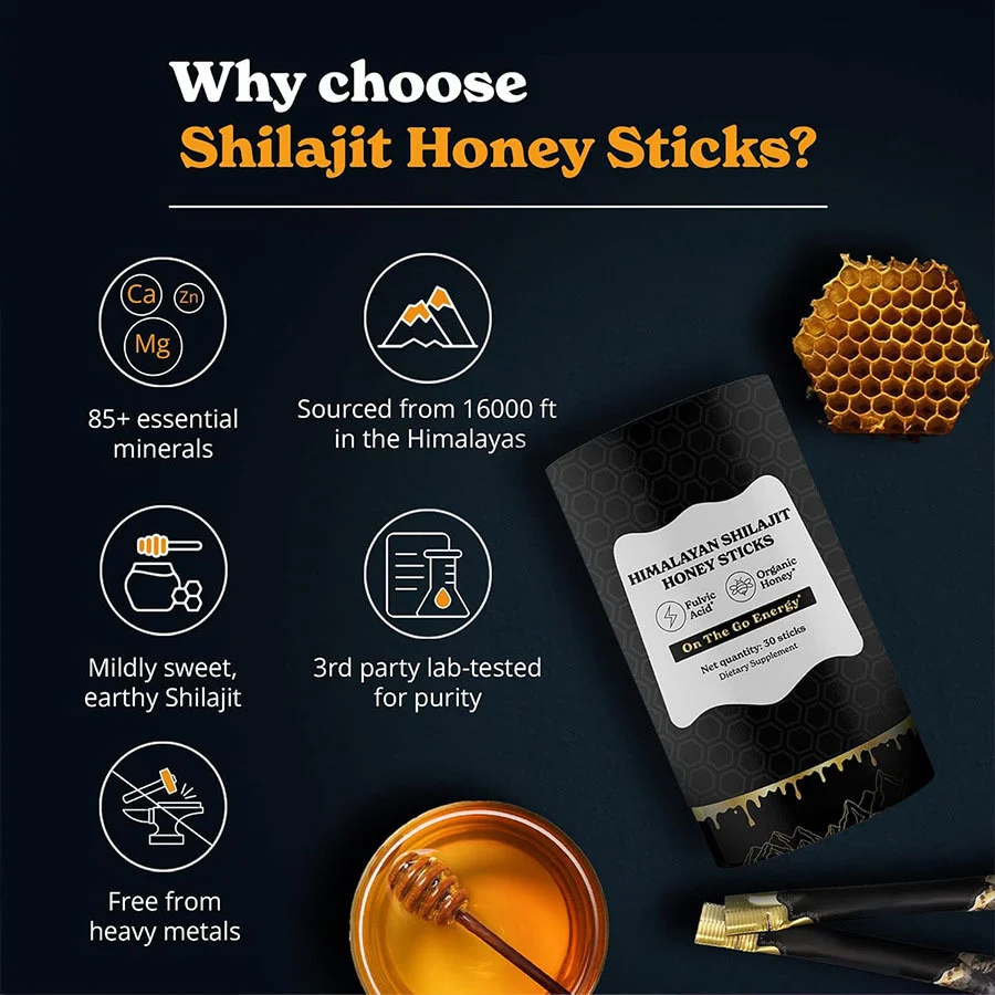 Himalayan Shilajit Honey Sticks for Energy and Hormonal Balance - 30 Sticks Strawberry Flavor 11 himalayan shilajit honey sticks energy supplement goo ufv4mq3a desc 6