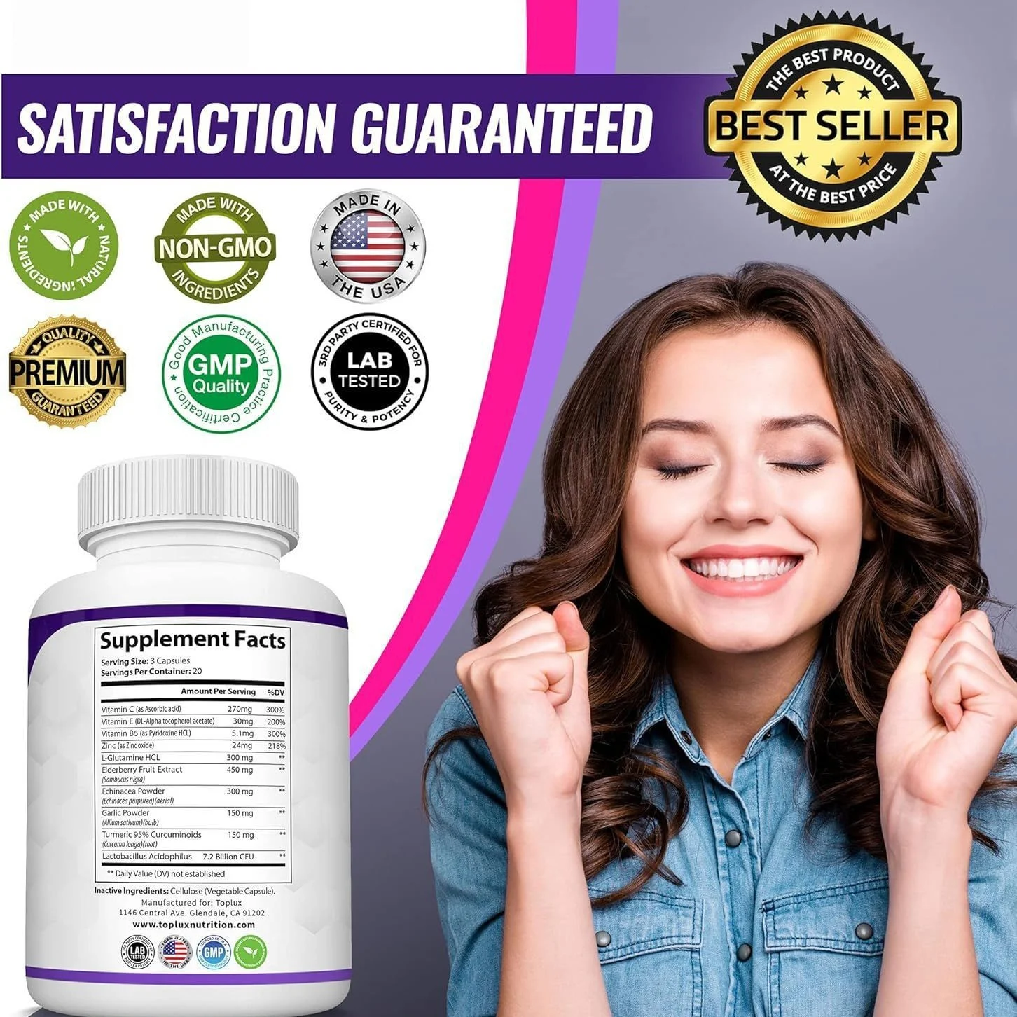 Powerful Immune Support Supplement with Vitamin C, Elderberry, Zinc & Echinacea - 60 Capsules