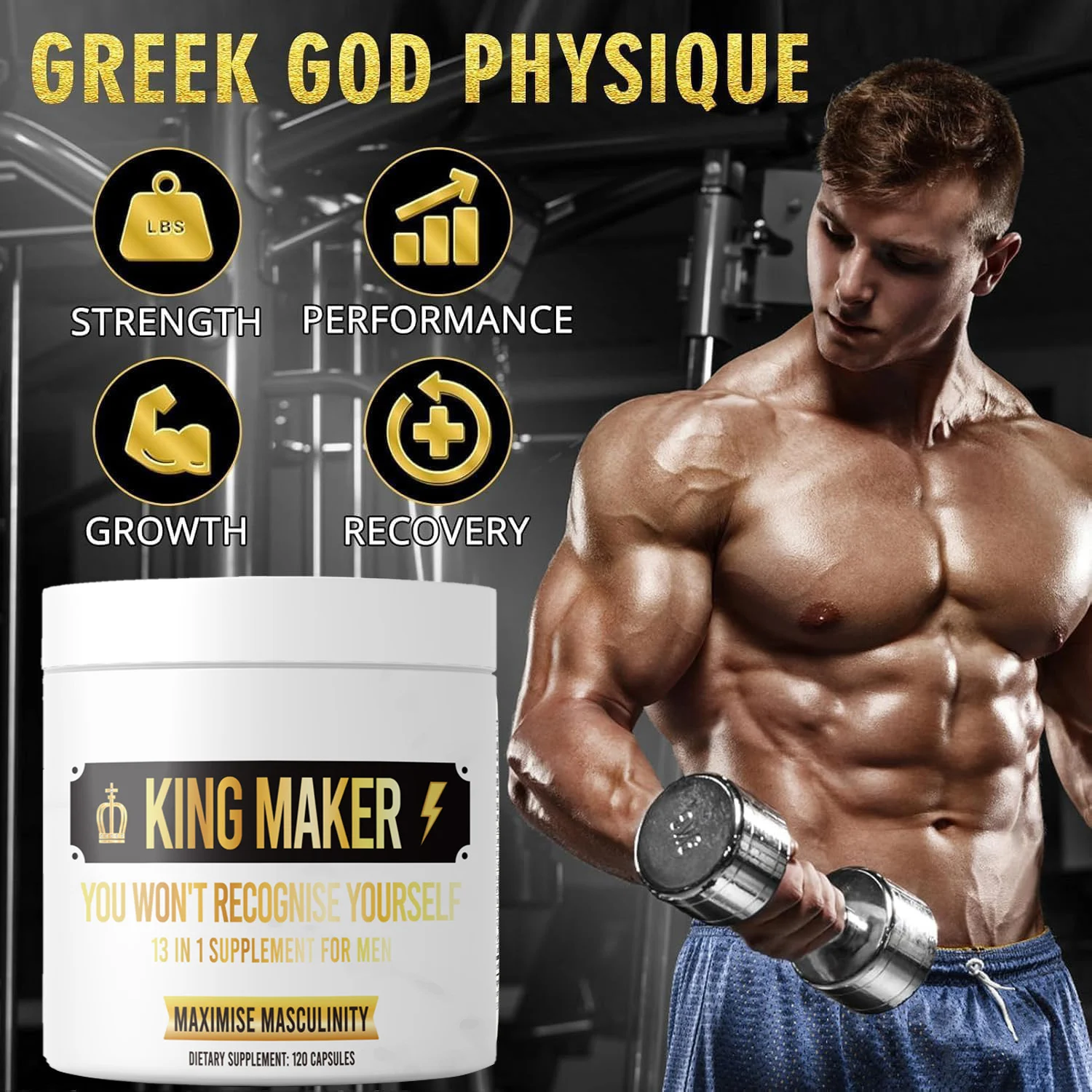King Maker Male Performance Supplement - 120 Capsules Dietary Booster for Strength, Growth, and Recovery
