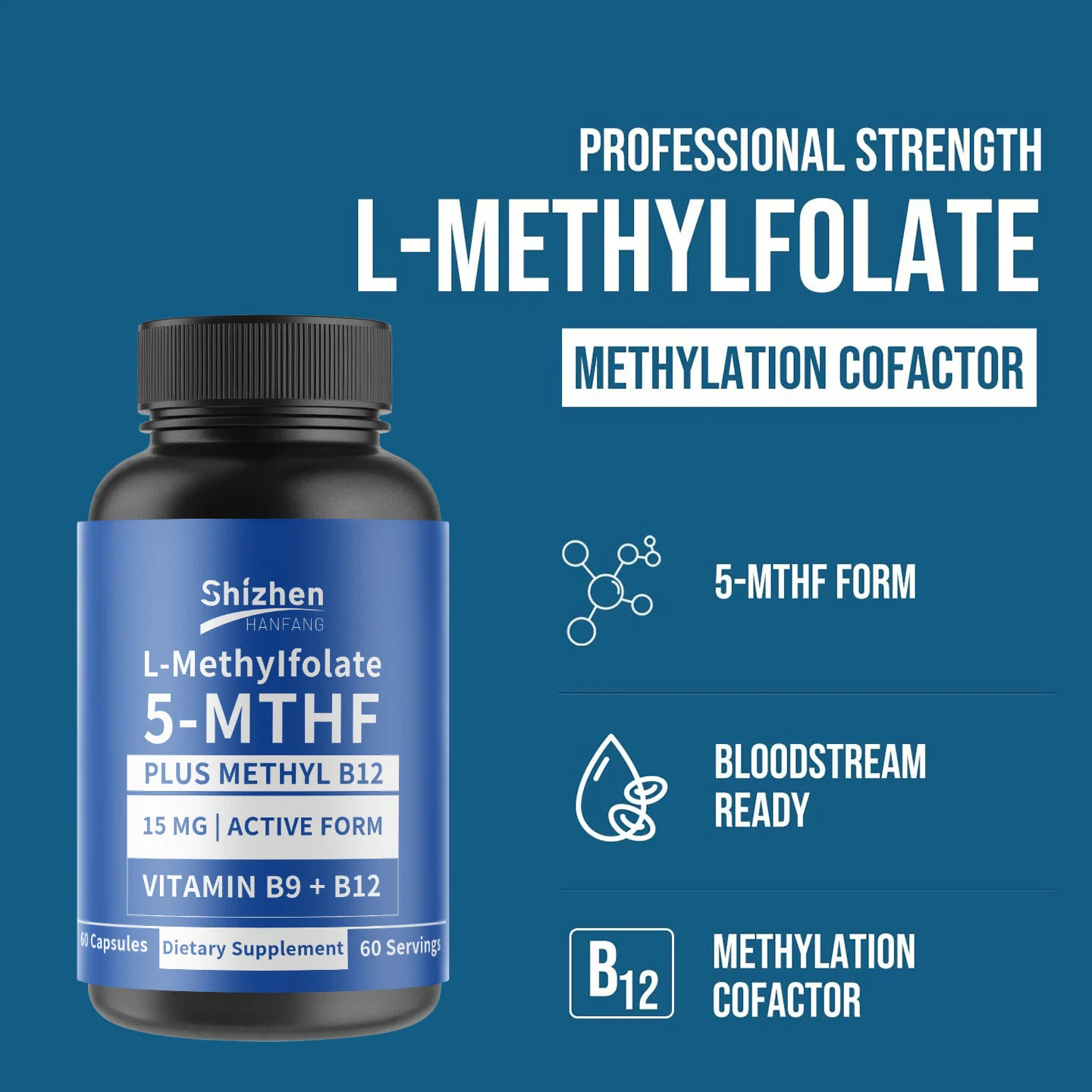 L-Methylfolate 15mg with Methyl B12 Supplement Capsules 60 Servings