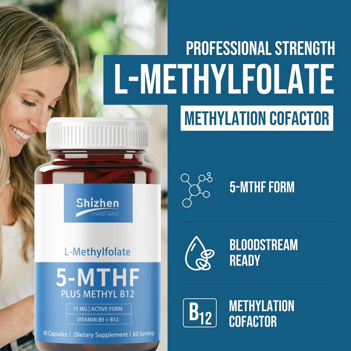 L-Methylfolate Capsules 60 Count High-Strength 15mg Active B9 + Methyl B12 Supplement