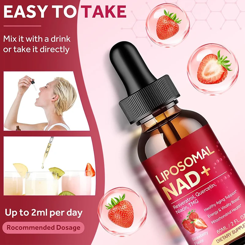Liposomal NAD+ Supplement 1200mg for Anti-Aging & Cellular Energy - 6-in-1 Liquid Formula with Resveratrol, Quercetin, and TMG - 60ml Strawberry Flavor 1 Liposomal NAD+ Supplement 1200mg for Anti-Aging & Cellular Energy - 6-in-1 Liquid Formula with Resveratrol, Quercetin, and TMG - 60ml Strawberry Flavor