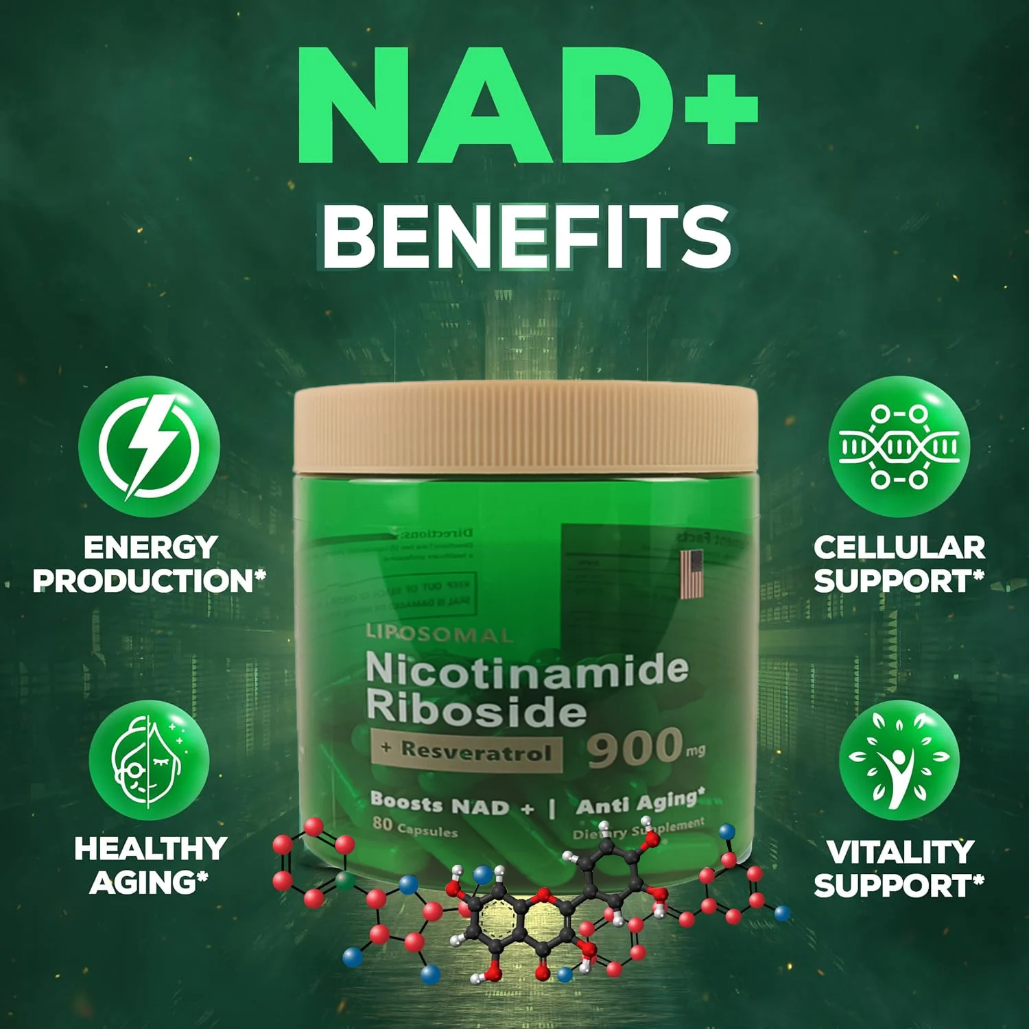 Liposomal Nicotinamide Riboside Capsules 900mg NAD+ Booster with Resveratrol & Quercetin for Anti-Aging