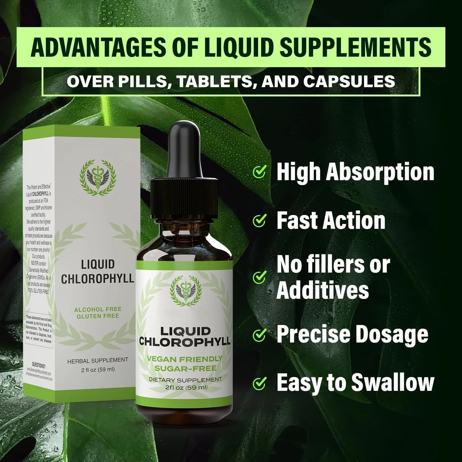 Liquid Chlorophyll Drops for Internal Deodorant & Digestive Support - 60ml Alcohol-Free Herbal Supplement