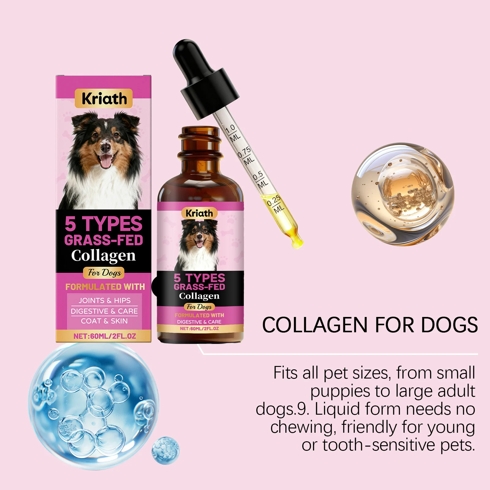 Kriath Grass-Fed Liquid Collagen Drops for Dogs - Joint, Skin & Coat Support 15 liquid collagen drops dogs goo 3unpzx3t desc 10