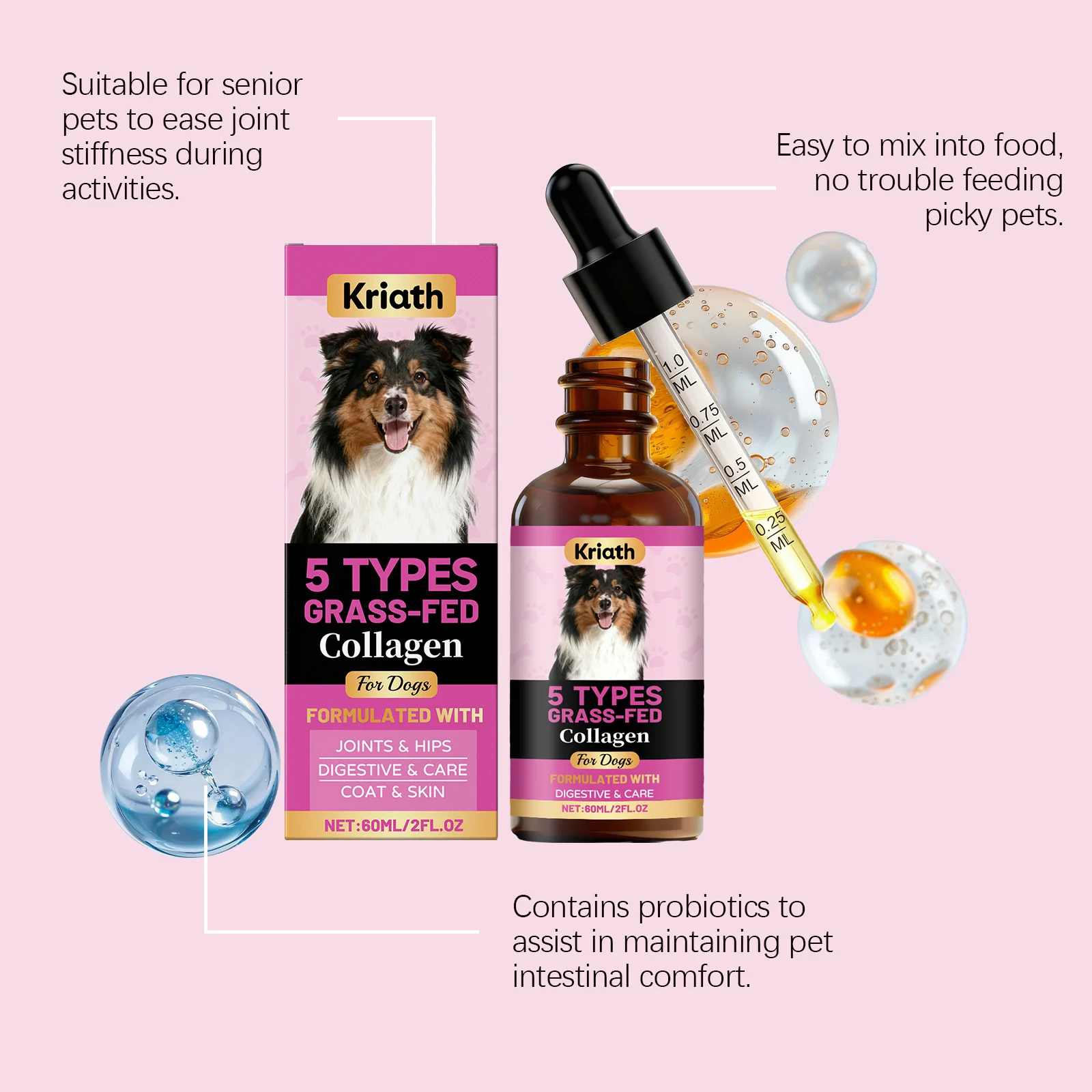 Kriath Grass-Fed Liquid Collagen Drops for Dogs - Joint, Skin & Coat Support 14 liquid collagen drops dogs goo 3unpzx3t desc 9