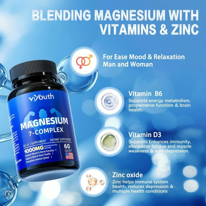 Magnesium Complex Supplement 10-in-1 for Muscle Relaxation & Sleep Support, 1000mg, 60 Veggie Capsules