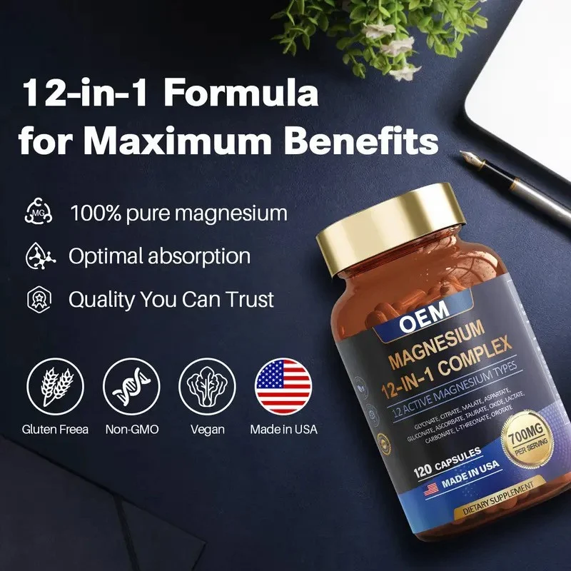 Magnesium Complex 12-in-1 Supplement - 700mg High Absorption Glycinate, Malate & Citrate - 120 Vegan Capsules