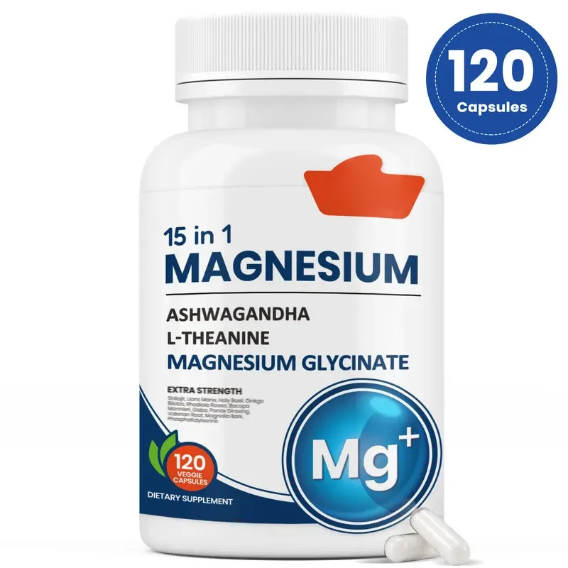 Magnesium Complex 15-in-1 supplement capsules with Ashwagandha and Vitamin D3 for daily wellness support