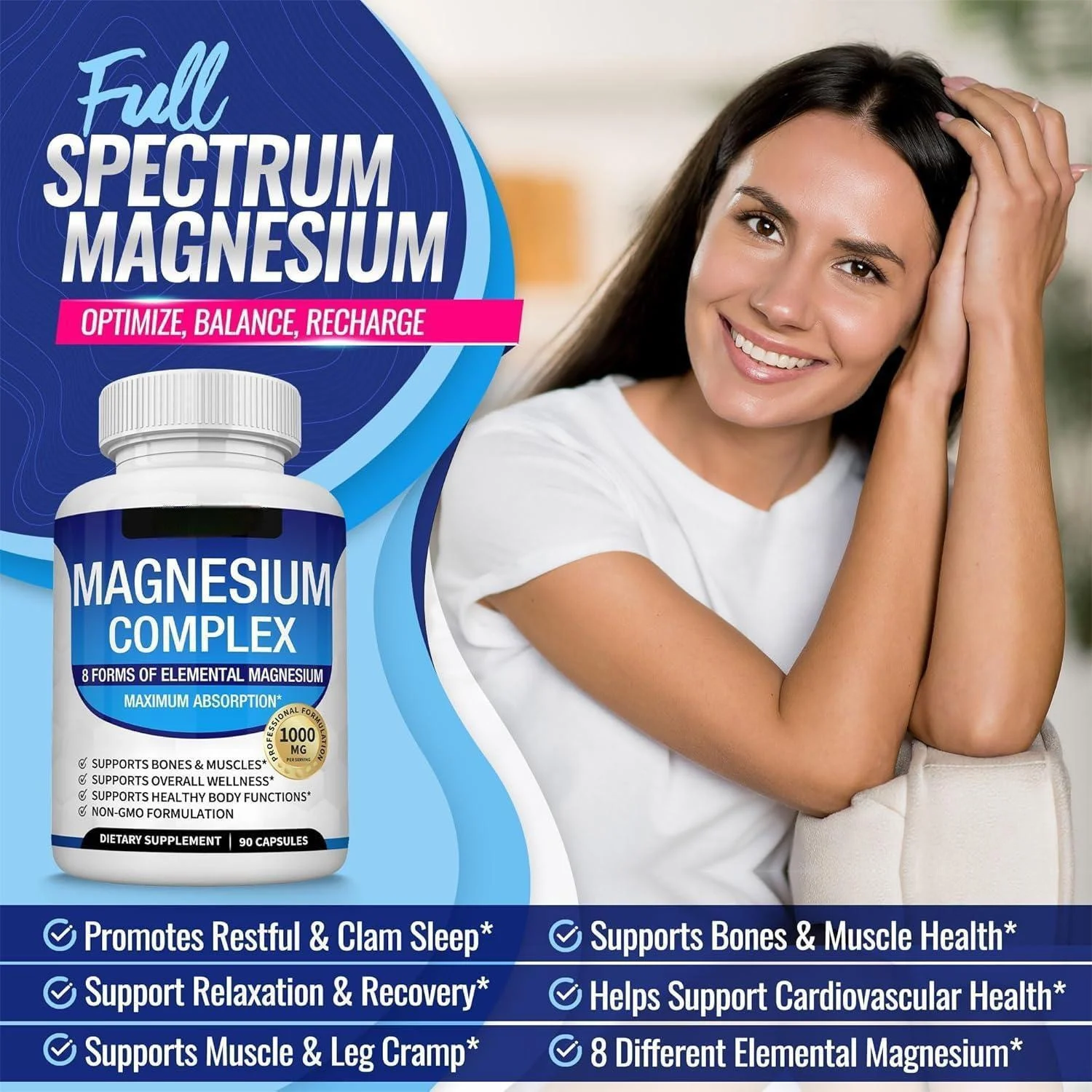 Magnesium Complex supplement with 8 forms of elemental magnesium for muscle support, relaxation, and better sleep.