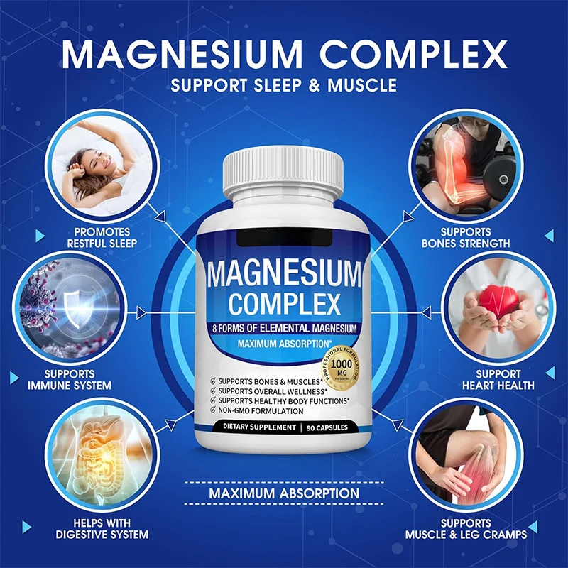 Magnesium Complex Capsules 1000mg with 8 Forms of Elemental Magnesium and Turmeric Curcumin for Sleep and Muscle Recovery
