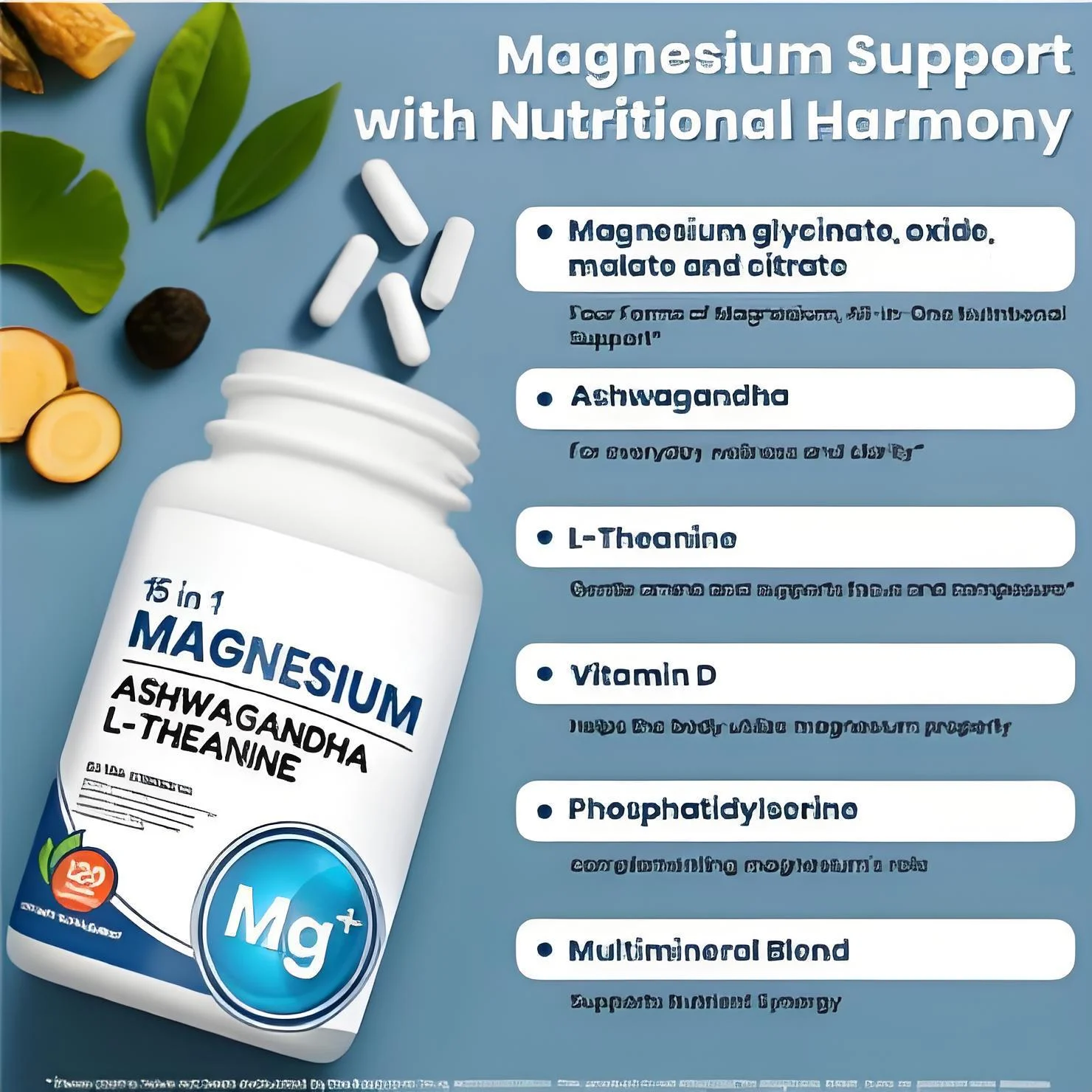 Magnesium Glycinate Capsules 15-in-1 Stress Relief & Focus Supplement with Ashwagandha and L-Theanine - 120 Count