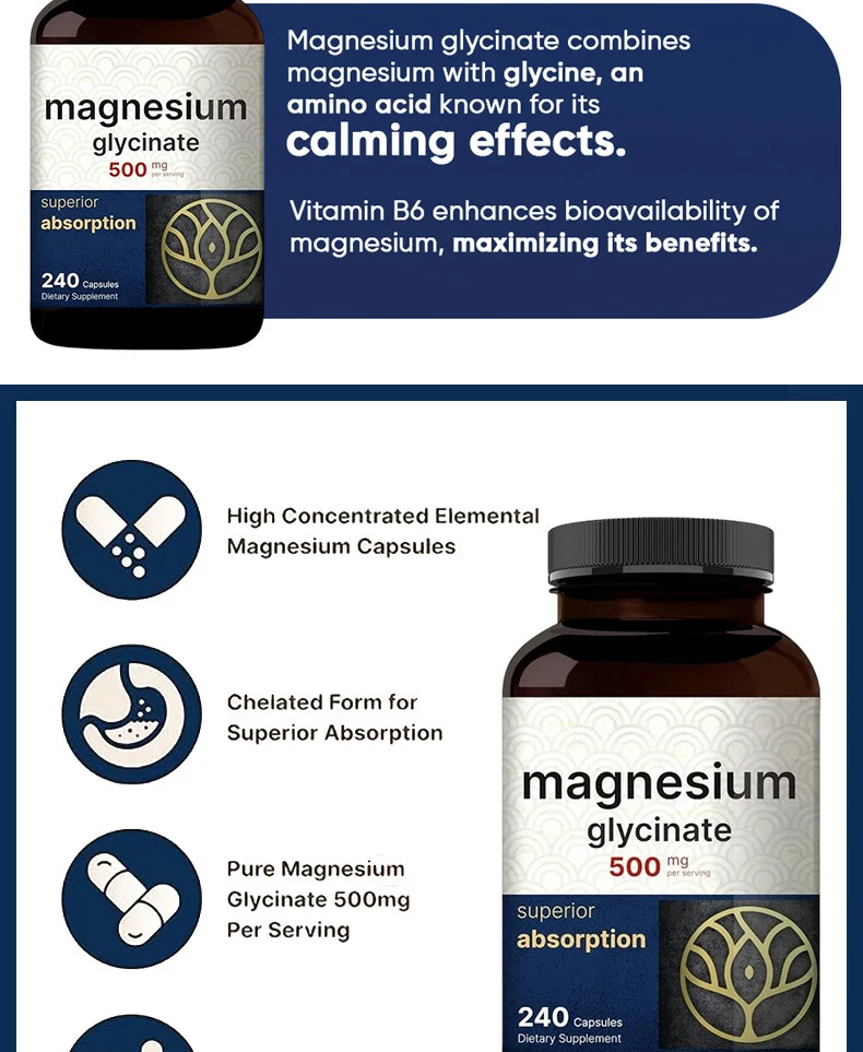 High Absorption Magnesium Glycinate 500mg Capsules - 240 Count 16 magnesium glycinate capsules goo nj8wcd3k desc 13