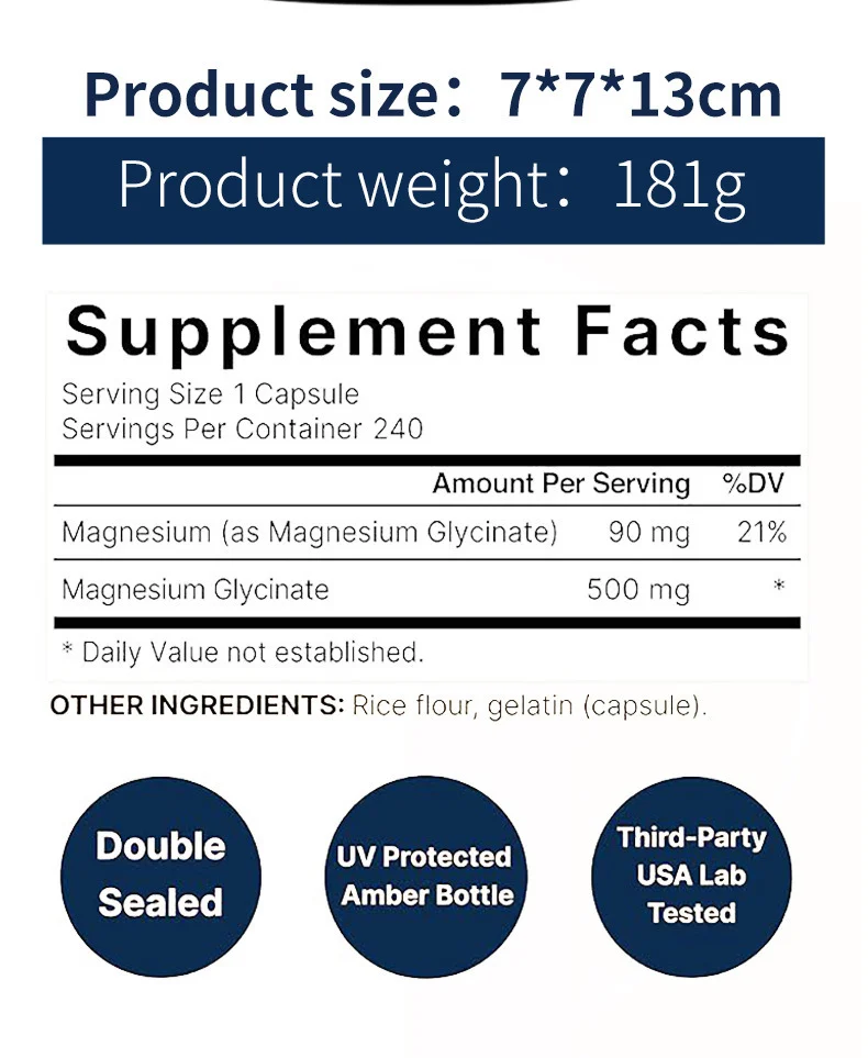 High Absorption Magnesium Glycinate 500mg Capsules - 240 Count 18 magnesium glycinate capsules goo nj8wcd3k desc 15