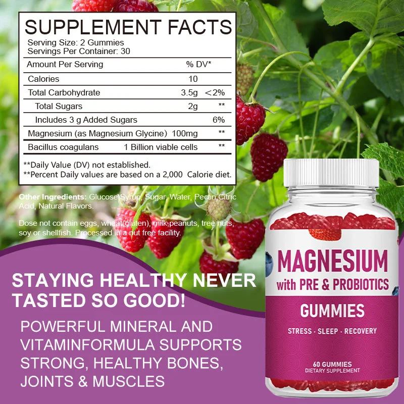 Magnesium Glycinate Gummies for Sleep, Stress Relief & Muscle Recovery with Prebiotics & Probiotics - 60 Count